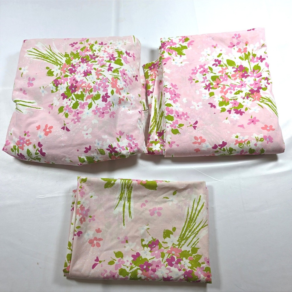 Vintage Burlington House Pink Floral Sheet Set Twin Percale 70s Made in USA